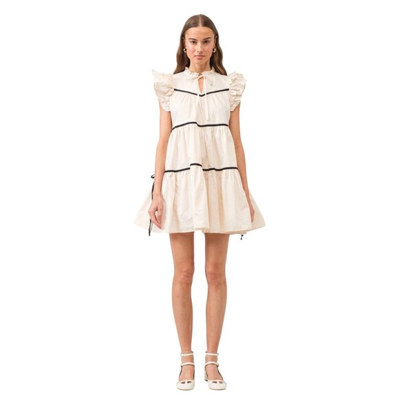 Sofie the label Ruffle Sleeve Tiered Mini Dress With Black Trim/Tie Detail Large - Picture 1 of 12